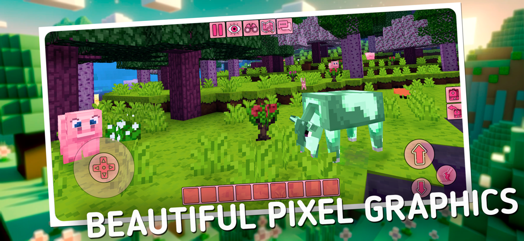 Kawaii World - Craft and Build - Uma paisagem pixelizada colorida em Kawaii World apresentando um porco rosa e uma vaca azul-petróleo em uma floresta pastel.