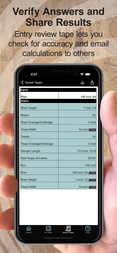 Construction Master 5 Calc - Smartphone displaying detailed stair construction calculations on the Construction Master 5 app review tape