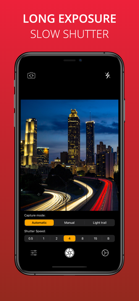 Long Exposure Slow Shutter Cam - Interface of the Long Exposure Slow Shutter Cam app showing night city light trails