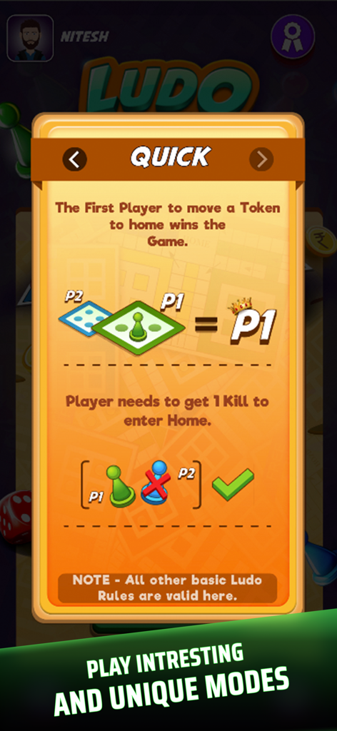 Ludo Classic Game - A tutorial screen for the Quick mode in Ludo Classic Game explaining how to win and capture tokens