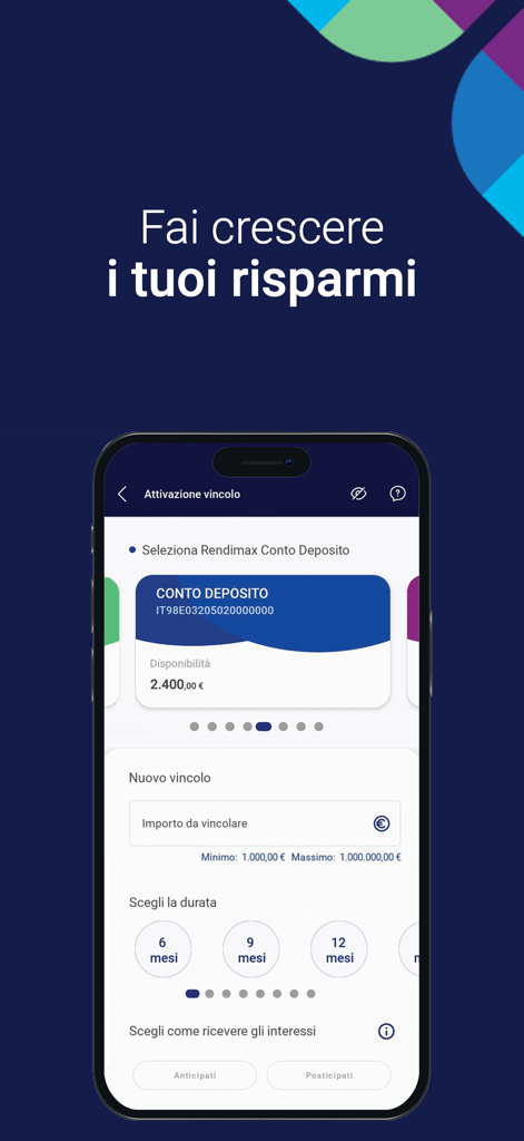 Mobile Benutzeroberfläche der Rendimax-App zeigt die Aktivierung der Sparkonto-Sperre und die Auswahl der Laufzeit