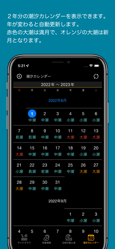 タイドと気象情報 - SurfTideX - SurfTideXアプリの月間潮汐カレンダー。海洋スポーツのために、色分けされた大潮と月の満ち欠けを表示。