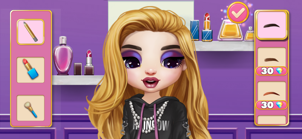 Uma boneca Rainbow High recebendo uma transformação com maquiagem e ferramentas de estilismo de sobrancelhas.