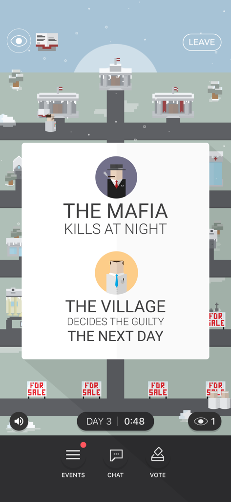 Mafia Mystery - Mafia Mystery game interface explaining the day and night cycle mechanics with pixel art avatars for the Mafia and Village roles.