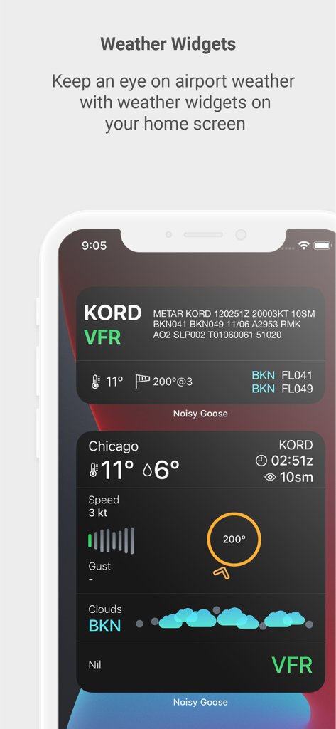 Noisy Goose aviation weather widgets on an iPhone home screen displaying METAR and flight conditions for KORD airport