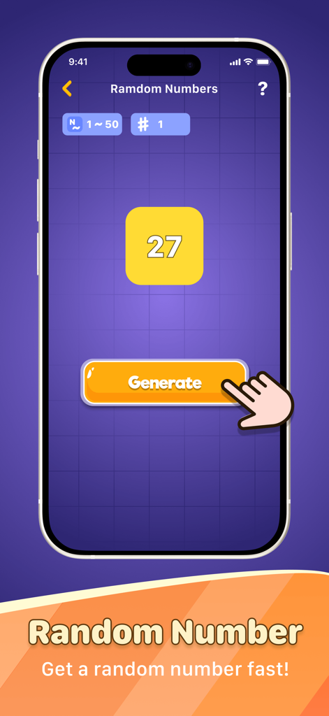 A smartphone interface showing the Random Number generator feature of the Finger Chooser app with the number 27 displayed.