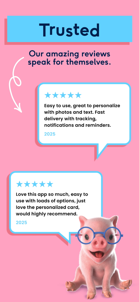 Moonpig: Birthday Cards - Positive user reviews and five star ratings for the Moonpig birthday cards app with a cute pig mascot