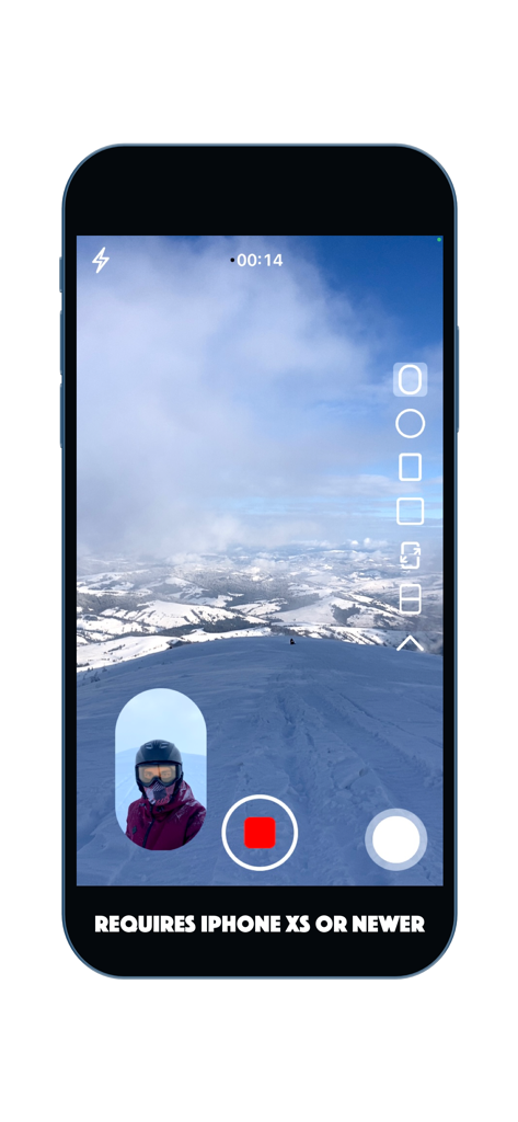 Camera FrontBack - Dual camera recording interface showing a snowy mountain and a selfie reaction window