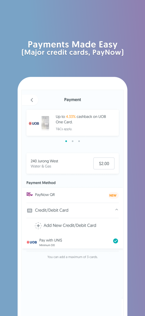 Mobile payment screen in the SP Utilities app showing bill details and various payment methods like credit cards and PayNow