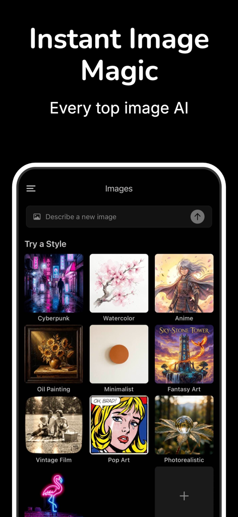 Gab AI app interface showing various image generation styles like Cyberpunk and Anime