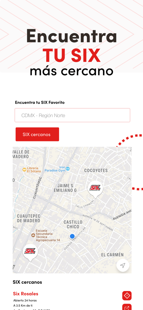 Suma Six - Pantalla de la aplicación Suma Six mostrando un mapa con las ubicaciones de tiendas de conveniencia cercanas.