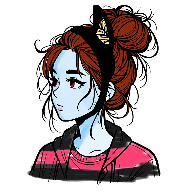 realistic teenage girl with a messy bun