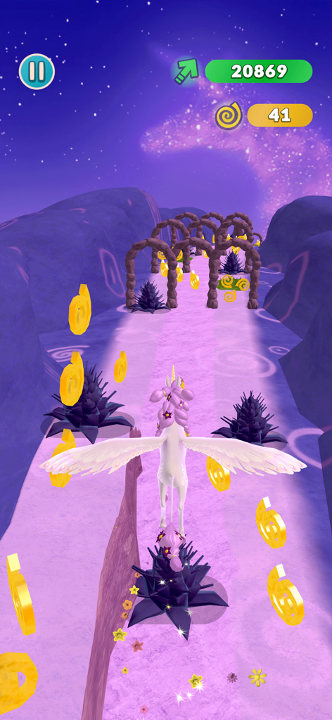 A white winged unicorn flying on a pink magical track in Centopia while collecting golden snail symbols