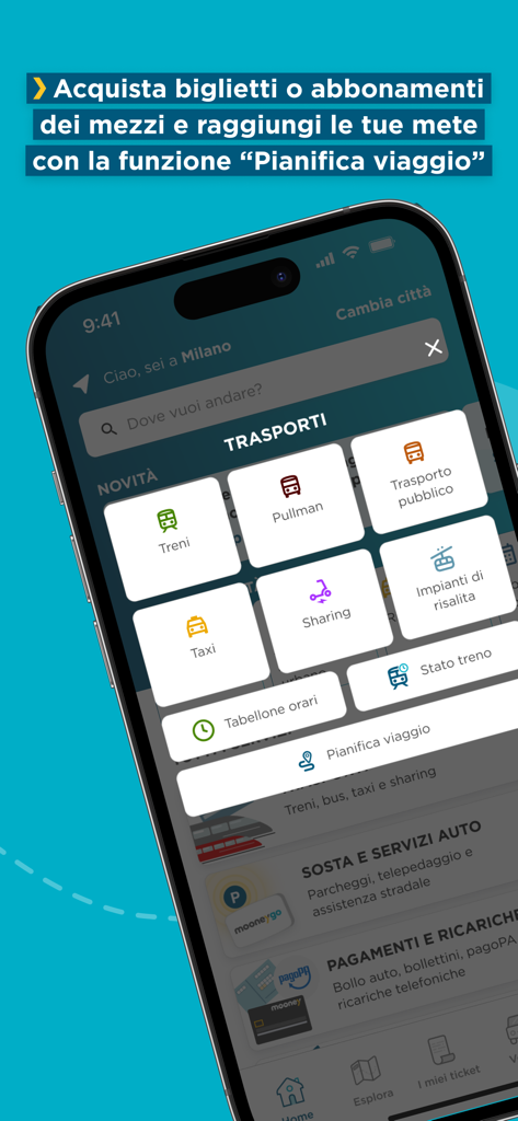 MooneyGo app screenshot showing transportation options including trains buses and taxis for navigating Italy