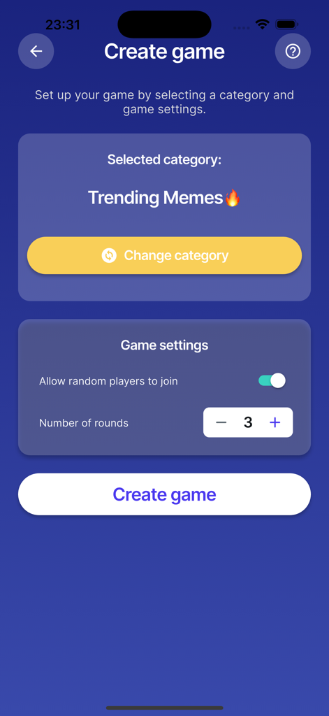Interface para configurar um novo jogo de memes com seleção de categoria e configurações de rodada