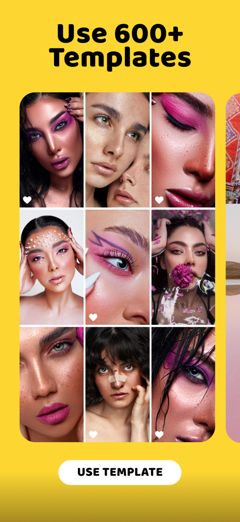 Interface de l'application 500 Stories affichant une grille de modèles artistiques de beauté et de maquillage pour les Reels et Stories Instagram