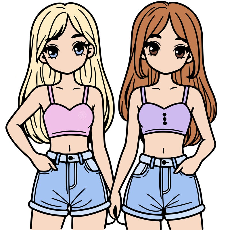 two sisters with crop tops and jean shorts and straight hair