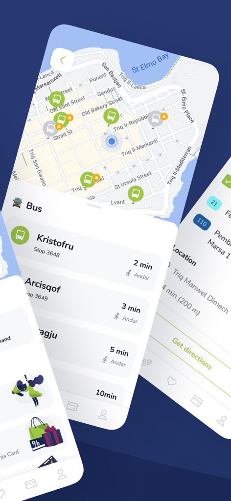 Tallinja mobile app displaying real-time bus stops and estimated arrival times in Valletta Malta