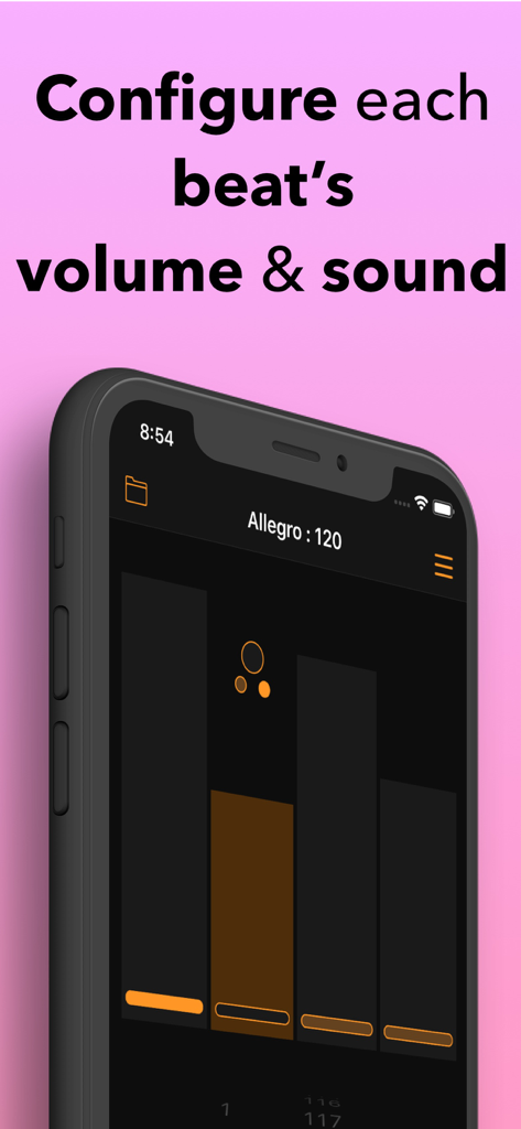 Metronome app screen showing options to customize individual beat volume and sound.