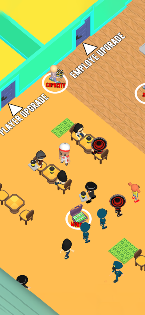 My Great Coffee Restaurant 3D - Gameplay-Ansicht aus der Vogelperspektive einer Kaffeehaus-Simulation, die Kunden an Tischen und Spieler-Upgrade-Stationen zeigt.