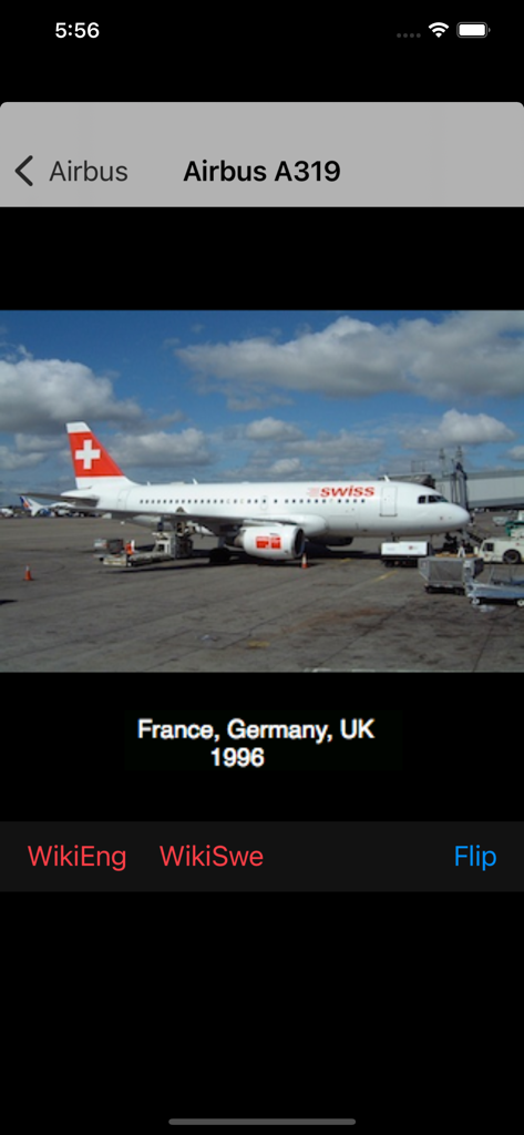 JetID - JetID app screen showing an Airbus A319 aircraft identification page with a photo of a Swiss Airlines plane