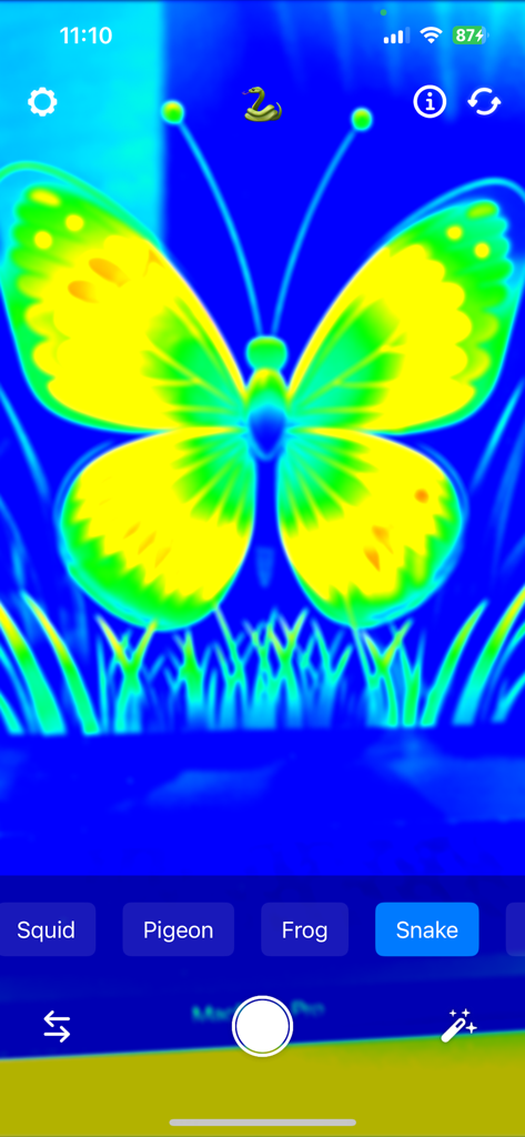 EyeShift app interface showing a butterfly through a thermal snake vision filter simulation