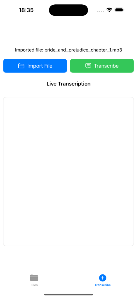 AudioScript - AudioScriptモバイルインターフェース、選択されたmp3オーディオファイルに対するファイルインポートと文字起こしボタンが表示されています。