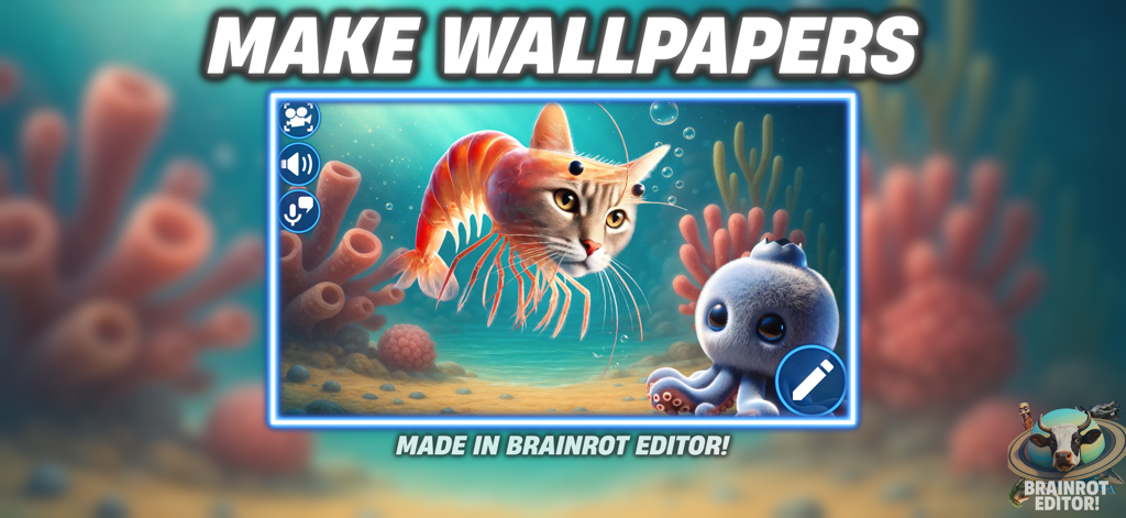 Brainrot Editor! - A surreal underwater scene featuring a cat shrimp hybrid and a blue creature created in Brainrot Editor