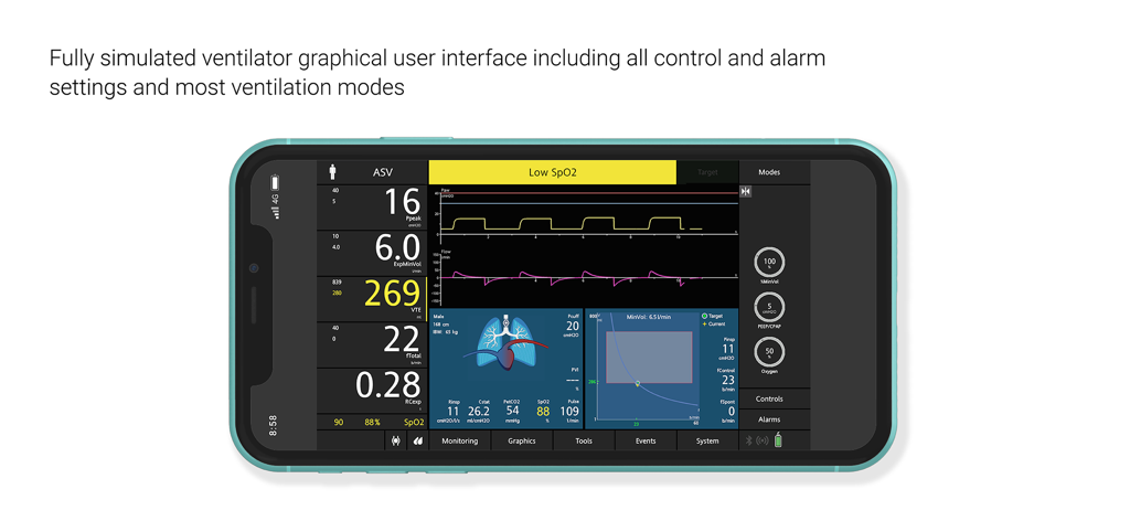 A smartphone showing the simulated ventilator graphical user interface of the VenTrainer app with real-time monitoring and waveforms