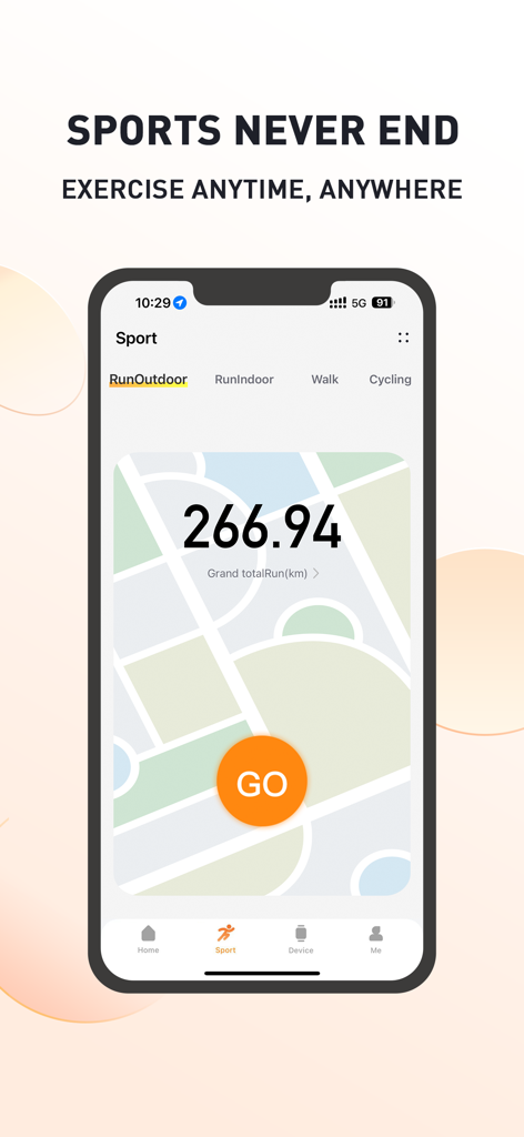 MActivePro - MActivePro app screen for outdoor running tracking showing total distance and a start button