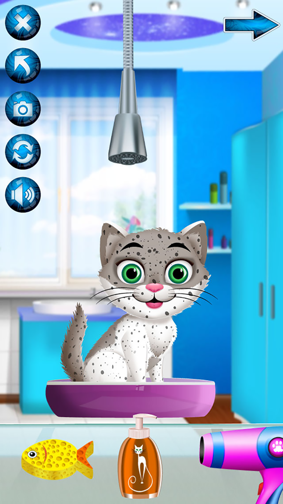 Kitten Spa - Animal Makeover Games (Boys & Girls) - A cute spotted kitten sitting in a purple tub at an animal spa game with grooming tools