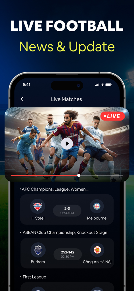 A mobile app screen displaying live football matches and scores with a video player