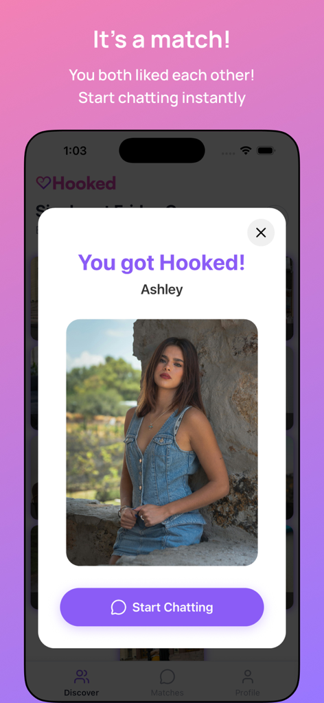 The Hooked App - The Hooked App match screen showing a successful connection with a user named Ashley and a start chatting button.