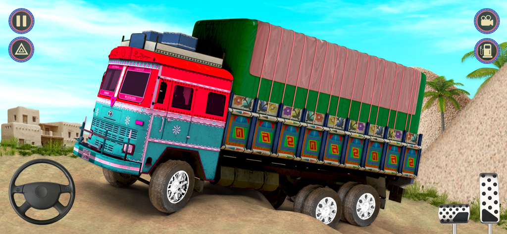 A vibrantly decorated Indian desi truck navigating uneven sandy terrain in a 3D driving simulator game.