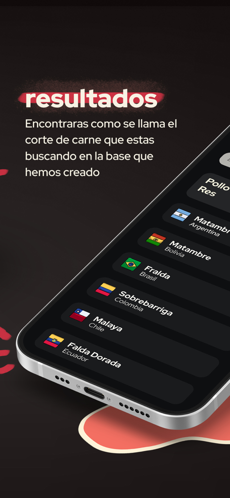 Como se Llama - A screenshot of the Como se Llama app showing search results for meat cut names across different Latin American countries including Argentina Brazil and Colombia