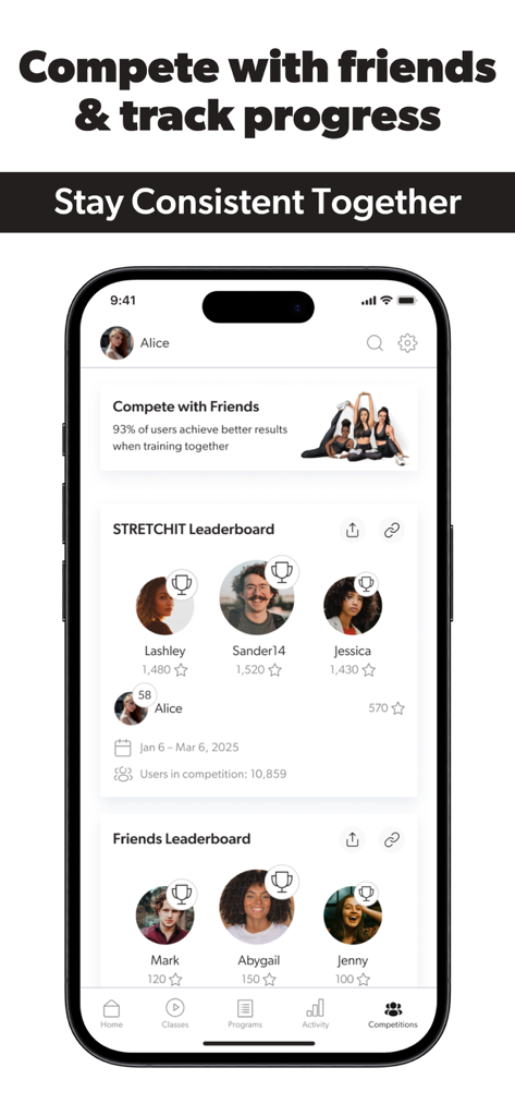 Stretching Mobility: STRETCHIT - STRETCHIT app interface showing global and friends leaderboards for flexibility competitions.
