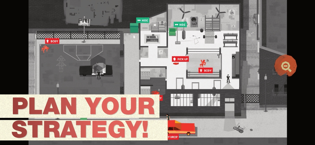 Serial Cleaner - Vista cenital del juego Serial Cleaner mostrando marcadores de sigilo táctico y un entorno de gimnasio retro.