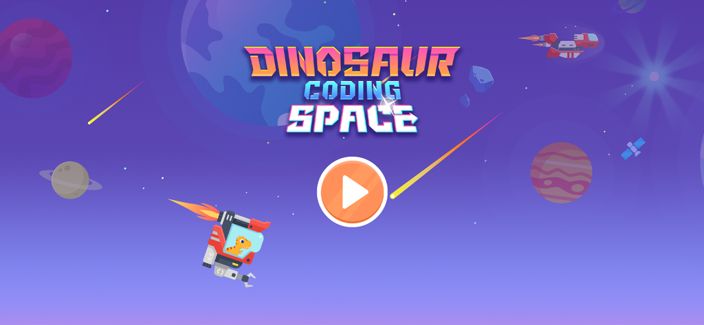 Dinosaur Coding Adventure Kids - Dinosaur Coding Adventure main screen featuring a dinosaur in a space mech among planets