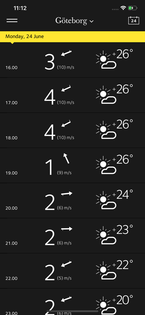 Kustväder - Kustvader app displaying an hourly coastal weather forecast for Gothenburg including wind and temperature