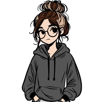 teen girl with a messy bun and glasses wearing a loose hoodie and jeans