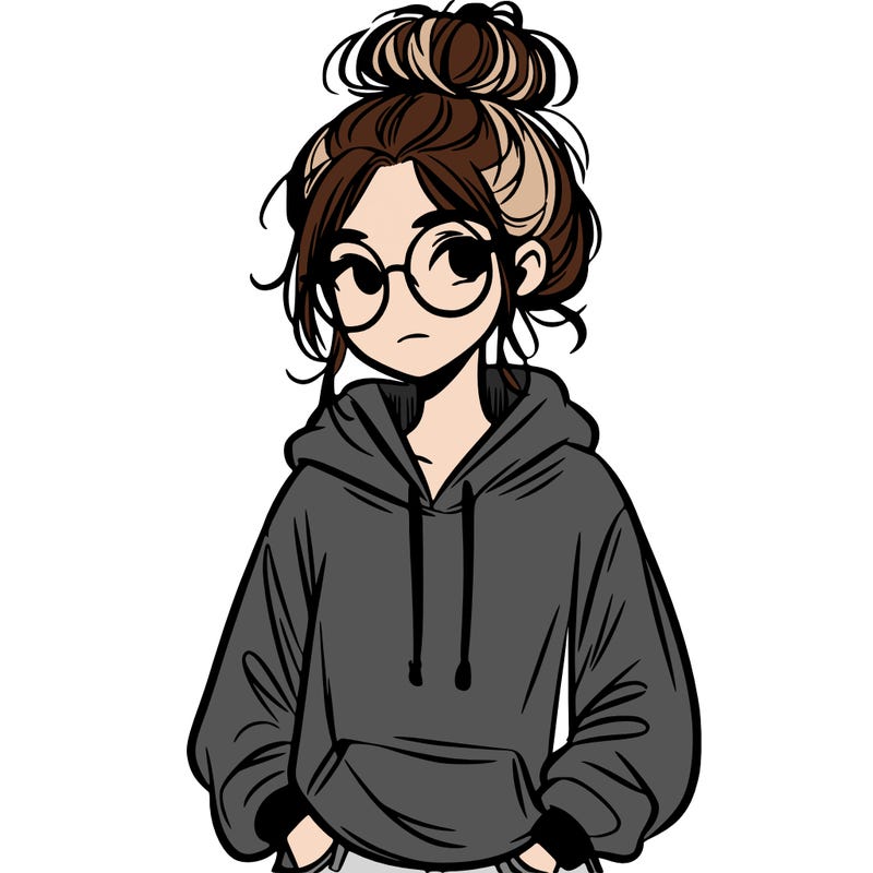 teen girl with a messy bun and glasses wearing a loose hoodie and jeans