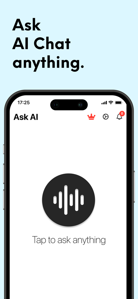 Interface do aplicativo Ask AI Anything mostrando a tela do assistente de voz com um ícone de onda e instrução de toque para perguntar
