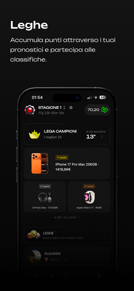 MondoPengwin app leagues section showing ranking positions and prizes including an iPhone and Apple Watch