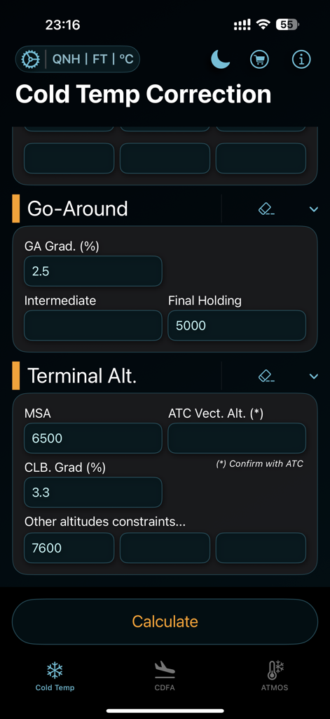 ColdTempCorr - ColdTempCorr app interface showing altitude correction calculations for Go-Around and Terminal phases
