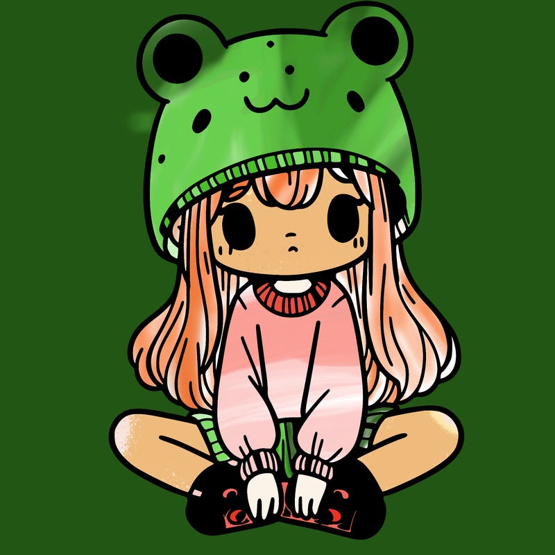 a girl wearing a frog hat and some frog socks