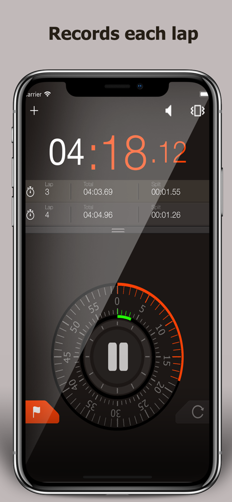 Stopwatch ٞ - Interfaz de la aplicación de cronómetro en iPhone que muestra vueltas registradas y un dial de temporizador circular
