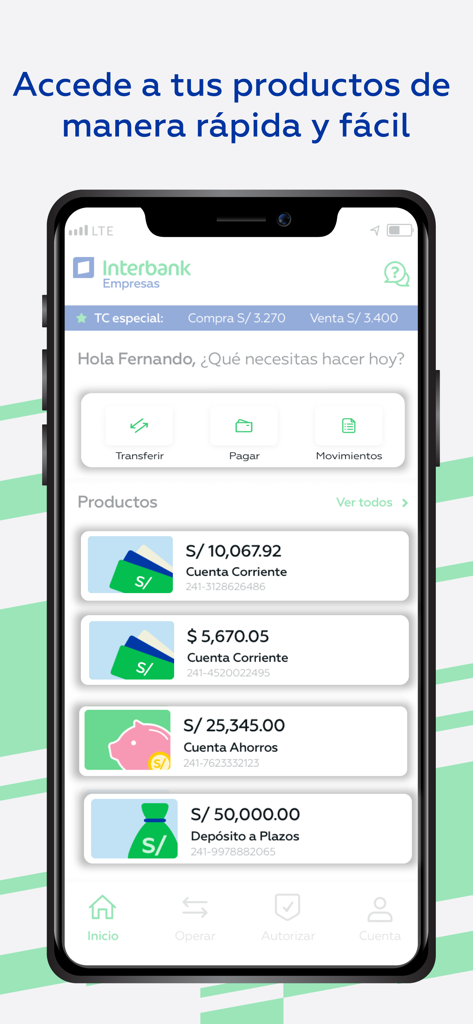 Interbank Empresas - Interfaz de la aplicación móvil Interbank Empresas mostrando múltiples cuentas de empresa y funciones bancarias.