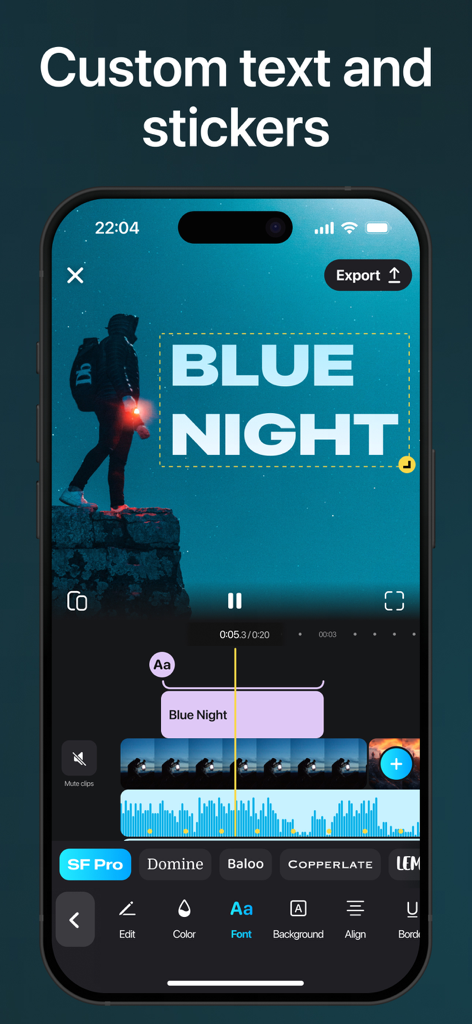 SnapCut: AI Video Editor Maker - SnapCut mobile app interface showing a hiker video with a custom Blue Night text overlay and font selection menu