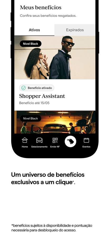 Interfaz de la aplicación Iguatemi One que muestra beneficios exclusivos para miembros de nivel Negro, como Asistente de Compras