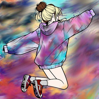 realistic girl jumping with a bun and oversized sweatshirt